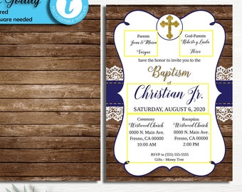 Blue Boy Rustic Baptism Invite ENGLISH | Wood Boy Christening Invitation Printable | Navy blue Boy Baptism | Blue Baptism Invite Ttemplett