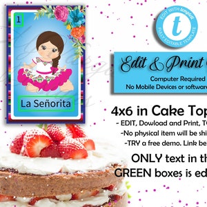 Señorita Mexican Theme Cake Topper 4x 6in | Loteria Centerpiece | Edit & Print La Niña Mexican Fiesta | Girl Loteria Cake Topper Templett