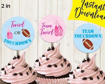 Football Gender Reveal Party Twirl or Touchdown Cupcake Topper Bundle 2in | Touchdown Gender Reveal Printable  Cupcake Topper Bundle