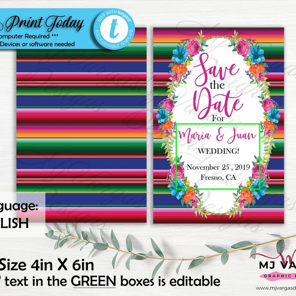 Mexican Fiesta Birthday Save The Date in ENGLISH Instant Download | Fiesta theme Save the Date | Mexican Theme Save the Date |  Templett