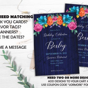Bright Flowers Birthday Invitation ENGLISH Blue Wood - Etsy