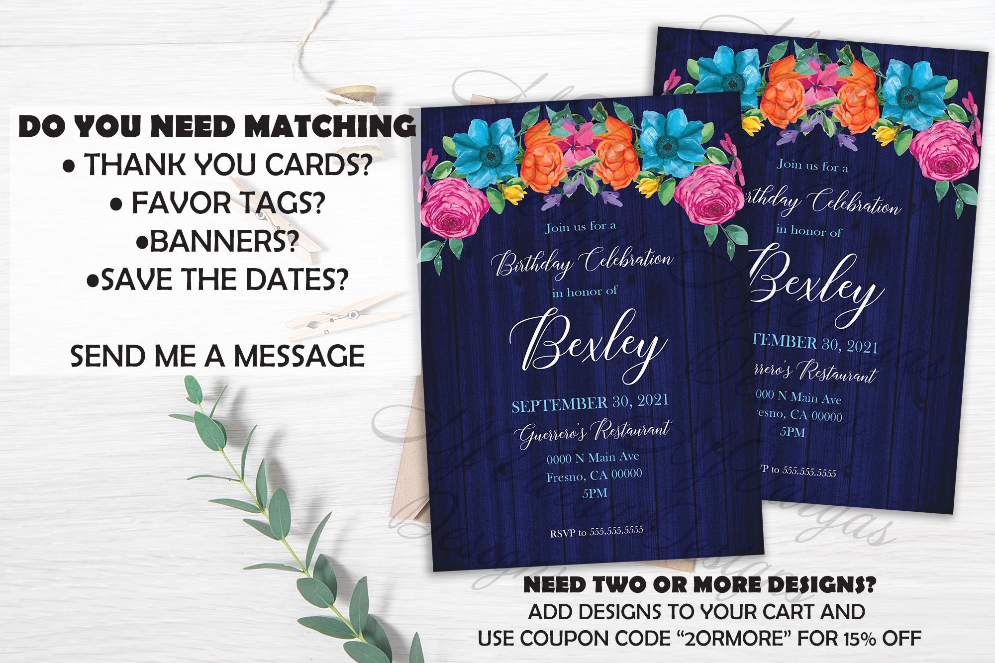 Bright Flowers Birthday Invitation ENGLISH Blue Wood - Etsy