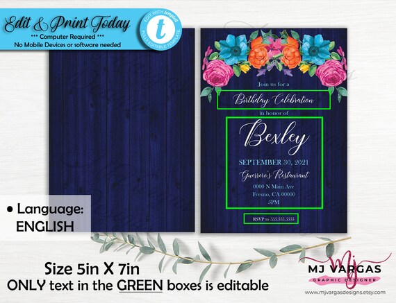 Bright Flowers Birthday Invitation ENGLISH Blue Wood | Etsy