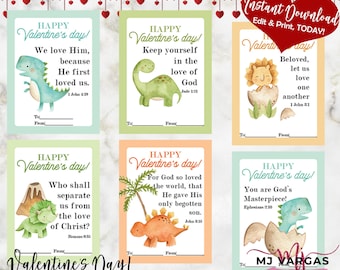 Dinosaur Christian Valentines day cards Printable | Bible Verses Valentine's Day Cards School | Love Valentine cards for Kids | Scripture
