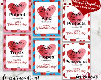 Love is Valentines day cards Printable | Christian Valentine's Day Cards School | 1 Corinthians 13:4 Valentine cards for Kids | Scripture