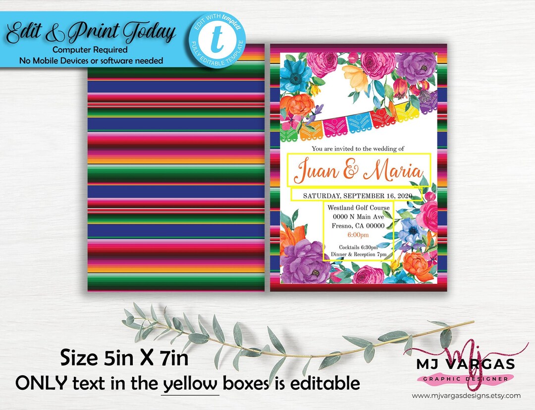 Mexican Theme Wedding Invitation Printable ENGLISH Mexican Wedding