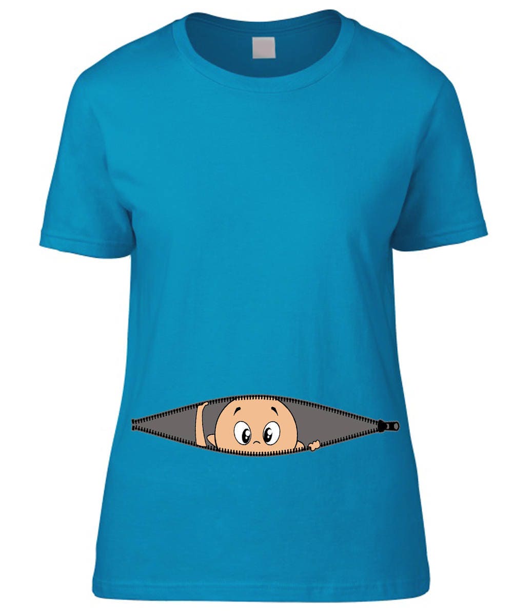 T-SHIRT for pregnancy maternity wear with a baby boy peeking from a zipper cute for pregnant lady CUSTOMIZABLE with name or phrase