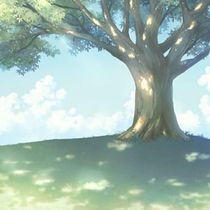 Pode incluir: Uma grande árvore com um tronco grosso e galhos que se estendem para um céu azul com nuvens brancas. A árvore projeta uma sombra sobre a grama verde abaixo.