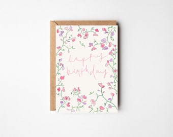 Sweet Pea Floral Birthday Card - Free Handwritten Message Inside & Sent Direct Optional