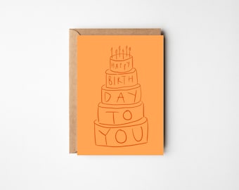 Happy Birthday Orange Tiered Cake Card - Free Handwritten Message Inside & Sent Direct Optional