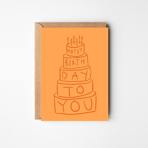 Happy Birthday Orange Tiered Cake Card - Free Handwritten Message Inside & Sent Direct Optional