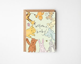 Welcome Baby, New Baby Card with Cute Baby Animals - Free Handwritten Message Inside Optional