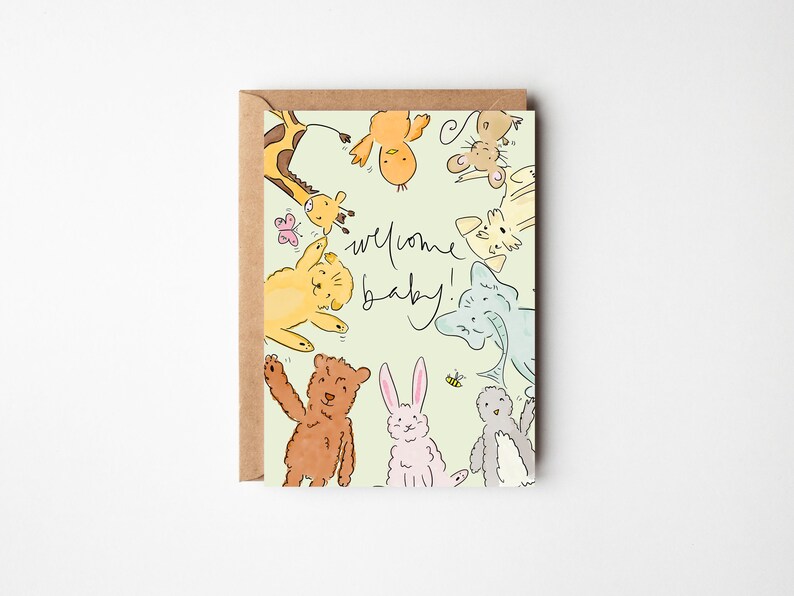 Welcome Baby, New Baby Card with Cute Baby Animals Free Handwritten Message Inside Optional image 1