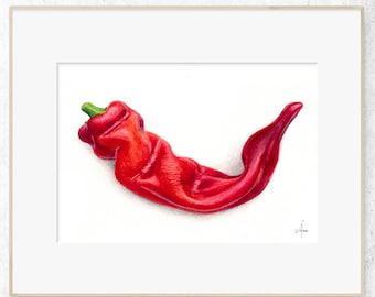 Red Pepper Fine Art Print, Watercolor Bell Pepper Painting, Kitchen Decor, Fruit Illustration, (A5/A4)