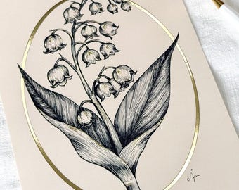 Gold Foil PostCard with lily of the valley line art, Romantic PostCard, Art Post Card, lily of the valley, A5 post card, luxuary postcard