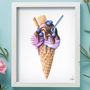 Impressão de arte de cone de sorvete, sorvete, arte de comida, decoração de parede, arte de cozinha, padaria, desenho de cone de sorvete, arte de parede de sorvete
