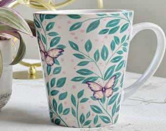 Green leaves and butterfly mug, dainty greenery with pink butterflies, design tall mug