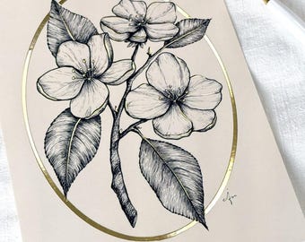 Gold Foil PostCard with Apple blossom line art, Romantic PostCard, Art Post Card, Apple blossom post card A5 post card, luxuary postcard