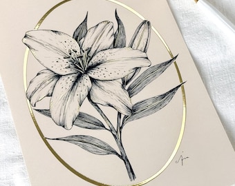 Gold Foil PostCard with Lily line art, Romantic PostCard, Art Post Card, lily post card A5 post card, luxuary postcard