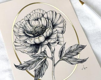 Gold Foil PostCard with Poppy line art, Romantic PostCard, Art Post Card, exotic poppy flower post card A5 post card, luxuary postcard