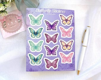 Butterfly Sticker Sheet with 12 Stickers, Pink, Teal and Purple Butterflies, Hand Painted Designs