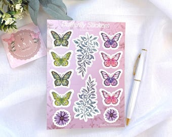Butterfly Sticker Sheet with 12 Stickers, Green and Pink Butterflies, Hand Painted Designs
