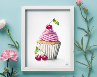 Impression d'art sur cupcake, cupcake, glaçage rose cupcake, décoration murale, art de cuisine, boulangerie, dessin de cupcake, art culinaire, art culinaire, gâteau aux cerises