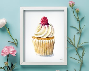 Cupcake con frambuesa Art Print, Cupcake, Arte alimentario, Decoración de pared, Arte de cocina, Panadería, Cupcake de acuarela, Cupcake Wall Art