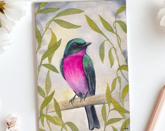 Pink Bird Postcard, Watercolor Bird Artwork, Wildlife Art, Post Card, (A6)