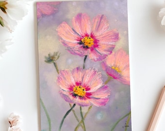 Cosmo Flowers Postcard, Oil Pastel Flower Painting, Meadow Art, Pink Cosmos Post Card, (A6)