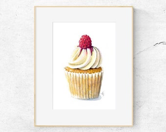 Cupcake with raspberry Art Print, Cupcake, Food Art, Wall Decor, Kitchen Art, Bakery, watercolor Cupcake, Cupcake Wall Art