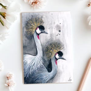 Postal, Postal artística, Postal con grullas crestadas, postal con pájaros, postal de acuarela, Postal