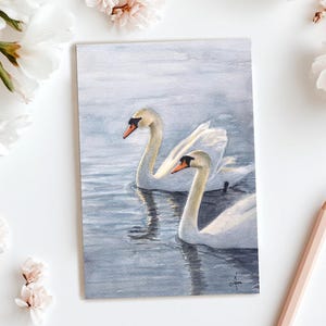 Schwan Paar Aquarell Postkarte, Schwan Postkarte, Kunst Postkarte, Aquarell Schwan Postkarte, Original Kunstdruck, luxuriöses Dickes Papier
