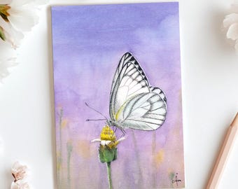White Butterfly Postcard, Watercolor Butter fly Artwork, Meadow Art, Post Card, (A6)