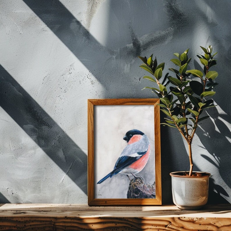 bullfinch painting, art print of a finch