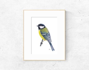 Great Tit Fine Art Print, Watercolor Wildlife Painting, Parus major Illustration, (A5/A4)