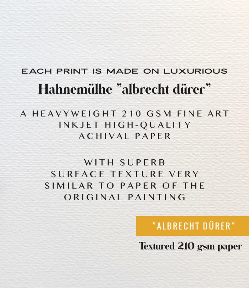 Op de afbeelding: Tekst op een getextureerde, gebroken witte achtergrond: "Elke print is gemaakt op luxueus Hahnem&uuml;hle 'albrecht d&uuml;rer'. Een zwaar 210 g/m&sup2; fine art inkjetpapier van archiefkwaliteit met een uitstekende oppervlaktestructuur die sterk lijkt op het papier van het originele schilderij."