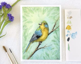 Green Symphony Original Mini Painting, ACEO Bird Art, Yellow Bird