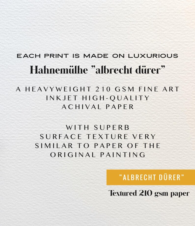 May include: Text on a textured, off-white background reads: "Each print is made on luxurious Hahnem&uuml;hle 'albrecht d&uuml;rer'. A heavyweight 210 GSM fine art inkjet high-quality archival paper." A gold rectangle states "ALBRECHT D&Uuml;RER" and "Textured 210 gsm paper."