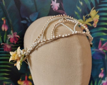 Antique Wax Flower and Seed Pearl Tiara- Edwardian, Early 1900s Wax Flower Bridal Headpiece