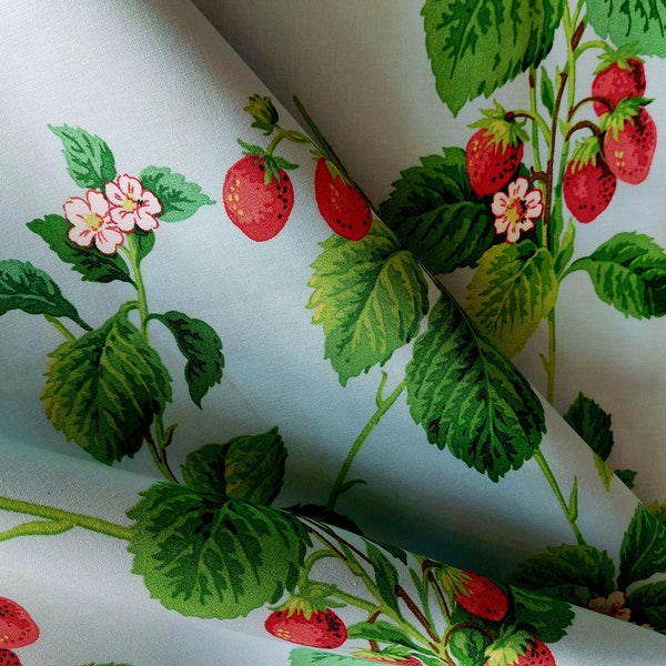 Sanderson "Summer Strawberries" Cotton Fabric-Sanderson Vintage 2 Prints Collection-Designer Strawberry Fruits Fabric