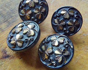 Antique French Jet Buttons-1800s Gilded French Jet Buttons-Victorian Clover French Jet Glass Buttons