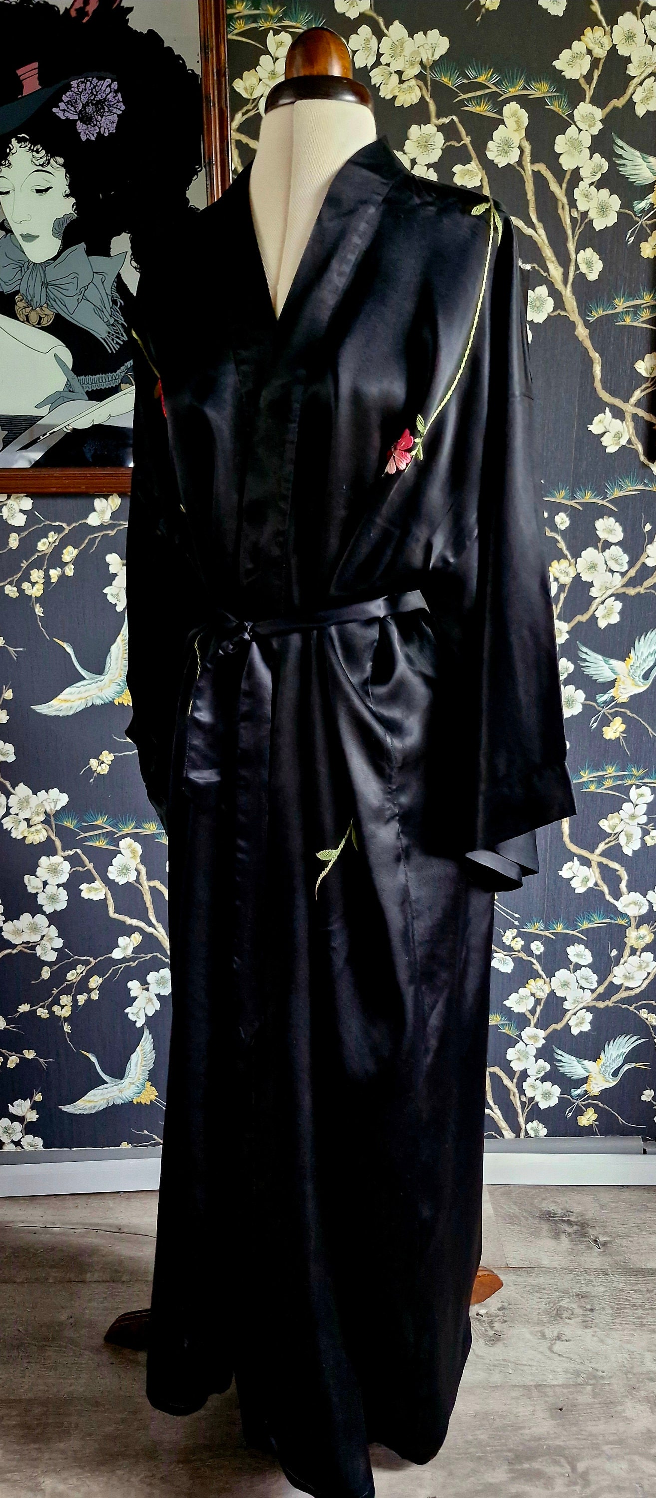 Vintage Hand Embroidered Japanese Kimono Robe-1940s Silk Hand ...