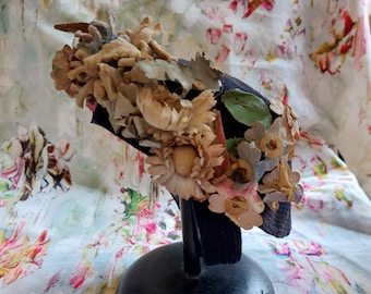 Antique Victorian Felt Bonnet-1800s Victorian Felt Hat with Antique Flowers