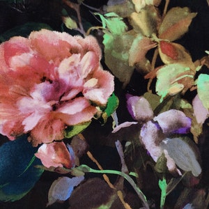 May include: Watercolor painting of pink and purple flowers with green leaves on a black background.