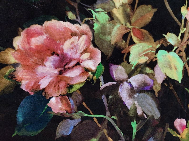 May include: Watercolor painting of pink and purple flowers with green leaves on a black background.