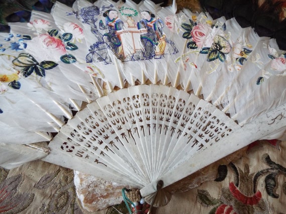 Antique Painted Feather Fan~1800s Painted Feather… - image 8