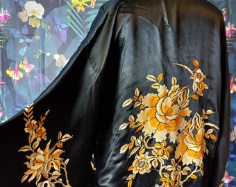 Antique Silk Embroidered Kimono-1920s Japanese Hand Embroidered Silk Kimono Robe-Early Art Deco Japanese  Kimono Robe