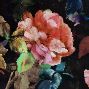 May include: A black background with a watercolor floral print featuring a large pink and red rose with green leaves. The print is called "Gertrude Rose" and is by Designers Guild.