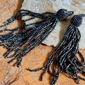 Antique Beaded Tassels-Original 1920s Costume Tassels- 1920s Beaded Lariat Tassels-Silver Beaded Tassel